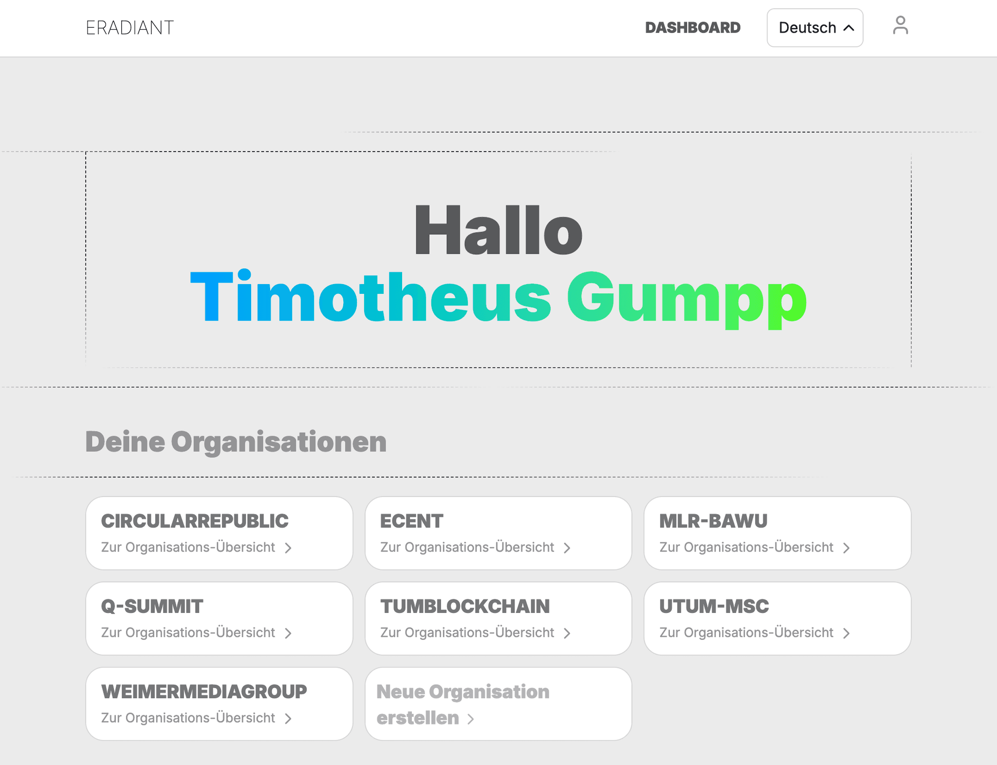 Screenshot: Willkommens-Ansicht in ERADIANT